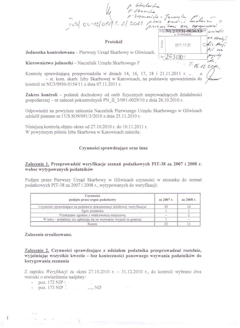 . Kierownictwo jednostki - Naczelnik Urzędu Skarbowego F o,pi. /. ~(/?fle,y'#) Kontrolę sprawdzającą przeprowadziła w dniach 14, 16, 17, 18 i 21.11.2011 r. _..a - st. kom. skarb.