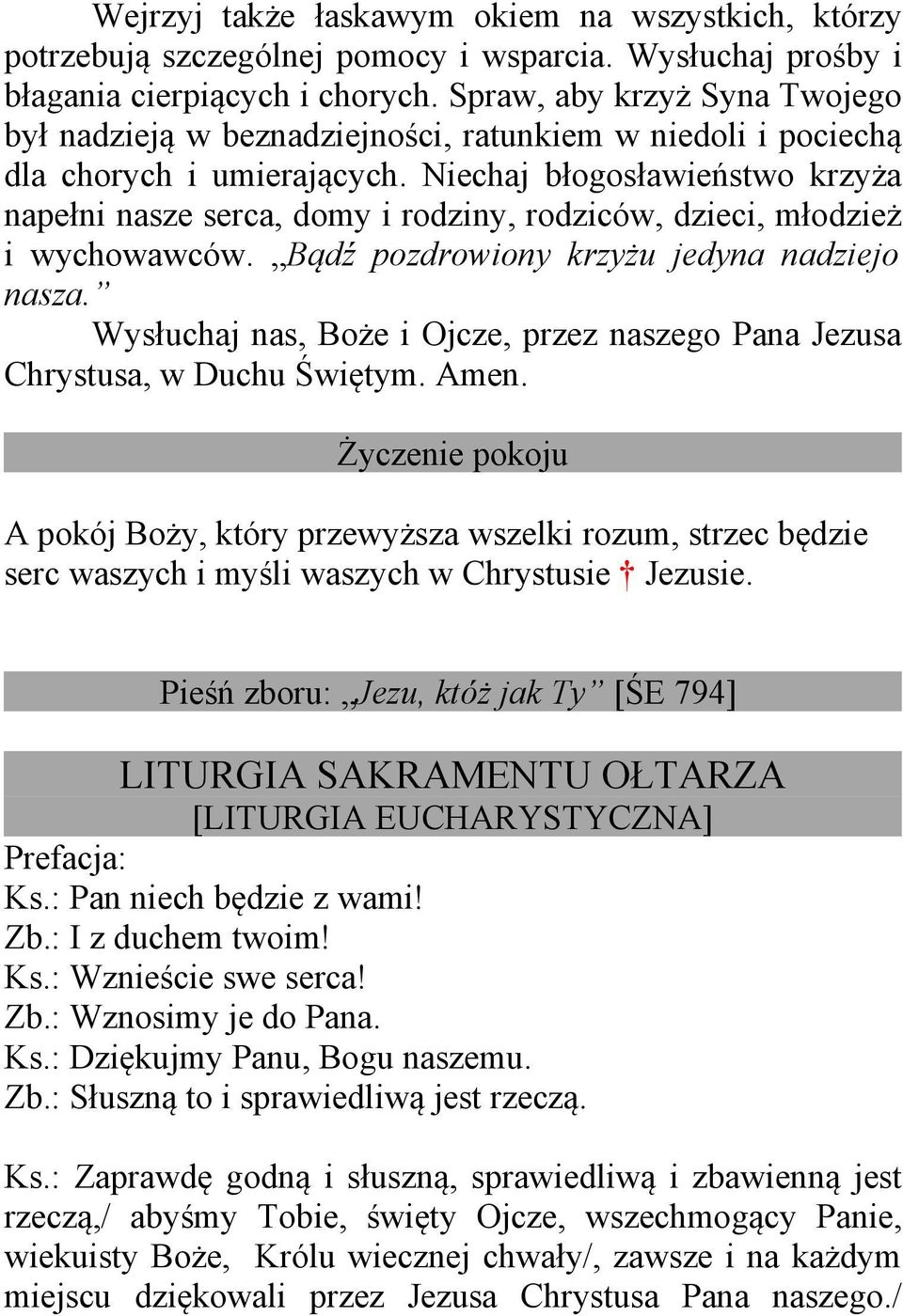 Niechaj błogosławieństwo krzyża napełni nasze serca, domy i rodziny, rodziców, dzieci, młodzież i wychowawców. Bądź pozdrowiony krzyżu jedyna nadziejo nasza.