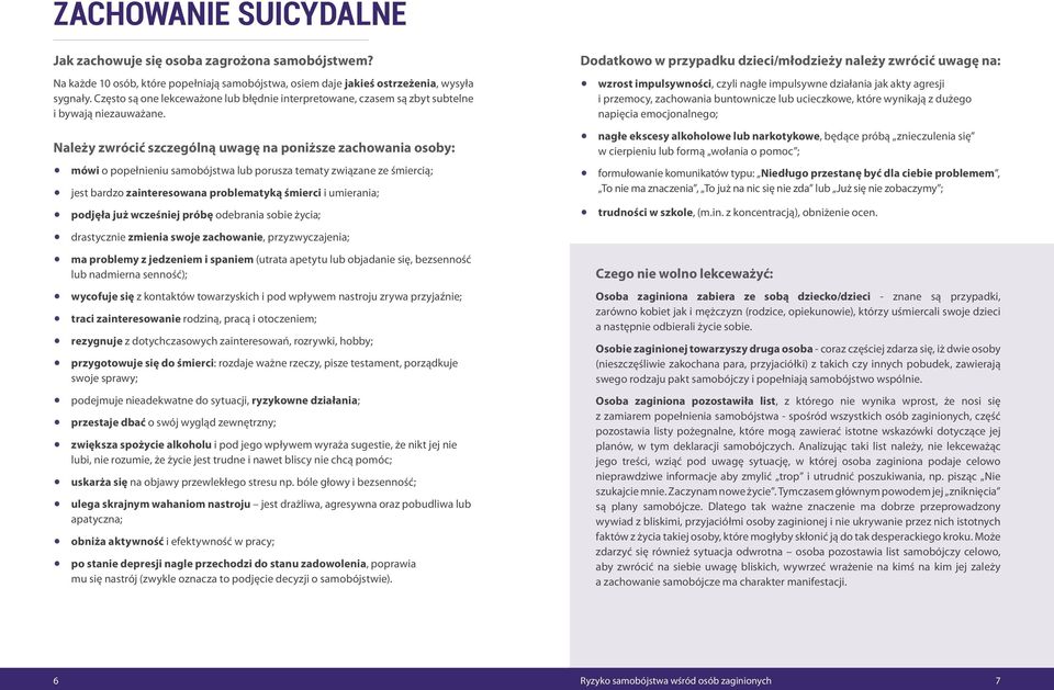 Należy zwrócić szczególną uwagę na poniższe zachowania osoby: mówi o popełnieniu samobójstwa lub porusza tematy związane ze śmiercią; jest bardzo zainteresowana problematyką śmierci i umierania;