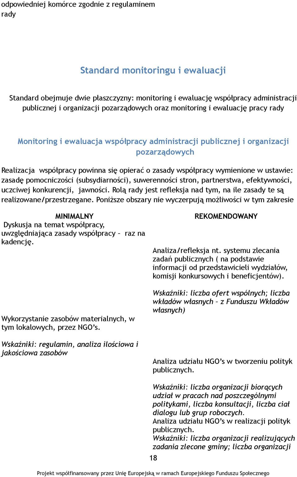 współpracy wymienione w ustawie: zasadę pomocniczości (subsydiarności), suwerenności stron, partnerstwa, efektywności, uczciwej konkurencji, jawności.