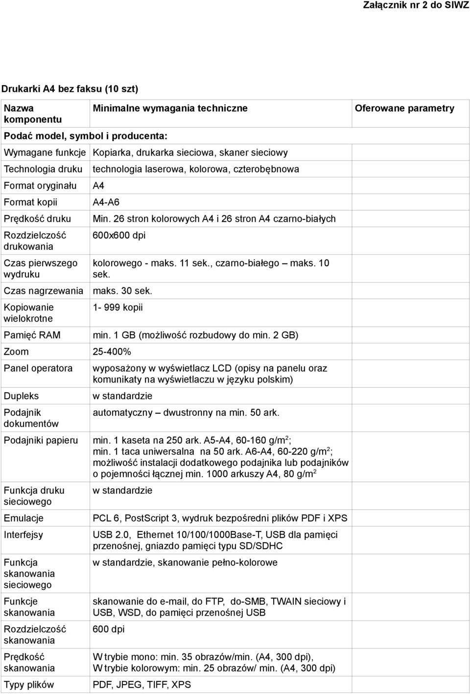 1 kaseta na 250 ark. A5-A4, 60-160 g/m 2 ; min. 1 taca uniwersalna na 50 ark. A6-A4, 60-220 g/m 2 ; możliwość instalacji go podajnika lub podajników o pojemności łącznej min.