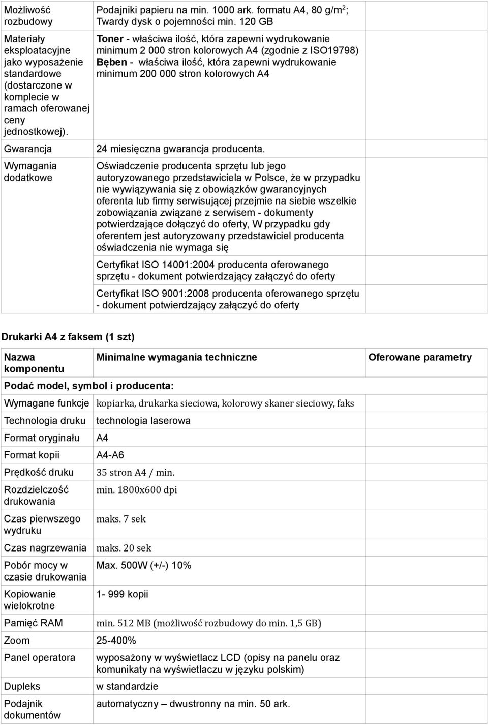 zapewni wydrukowanie minimum 200 000 stron kolorowych A4 sprzętu Drukarki A4 z faksem (1 szt) Wymagane funkcje kopiarka, drukarka sieciowa,