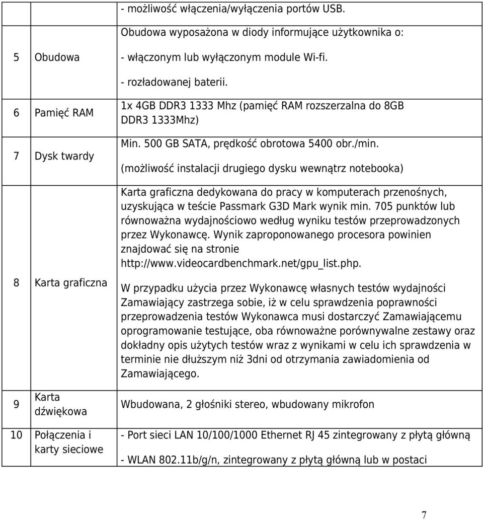 (możliwość instalacji drugiego dysku wewnątrz notebooka) Karta graficzna dedykowana do pracy w komputerach przenośnych, uzyskująca w teście Passmark G3D Mark wynik min.