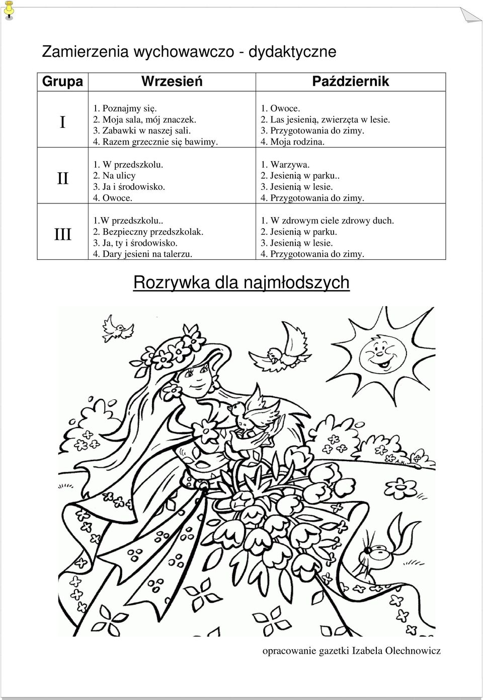 1. Owoce. 2. Las jesienią, zwierzęta w lesie. 3. Przygotowania do zimy. 4. Moja rodzina. 1. Warzywa. 2. Jesienią w parku.. 3. Jesienią w lesie. 4. Przygotowania do zimy. 1. W zdrowym ciele zdrowy duch.