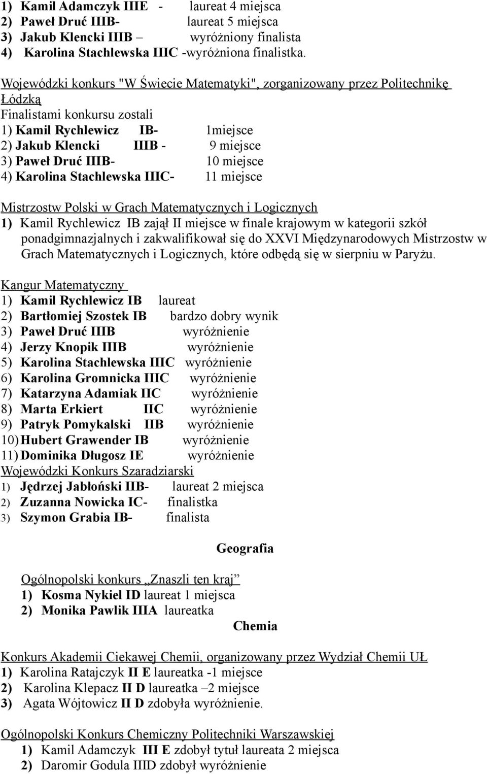 10 miejsce 4) Karolina Stachlewska IIIC- 11 miejsce Mistrzostw Polski w Grach Matematycznych i Logicznych 1) Kamil Rychlewicz IB zajął II miejsce w finale krajowym w kategorii szkół