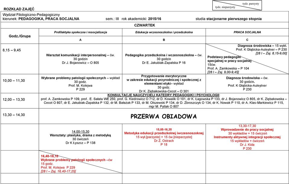 8,15-9,00] Podstawy pedagogiki specjalnej w pracy socjalnej 15ćw. Prof. A. Zamkowska P 104 [28 I Zaj. 9,00-9,45] Diagnoza środowiska ćw.. Prof. K Głąbicka-Auleytner P 230 KONSULTACJE NAUCZYCIELI KATEDRY PEDAGOGIKI I PSYCHOLOGII: prof.