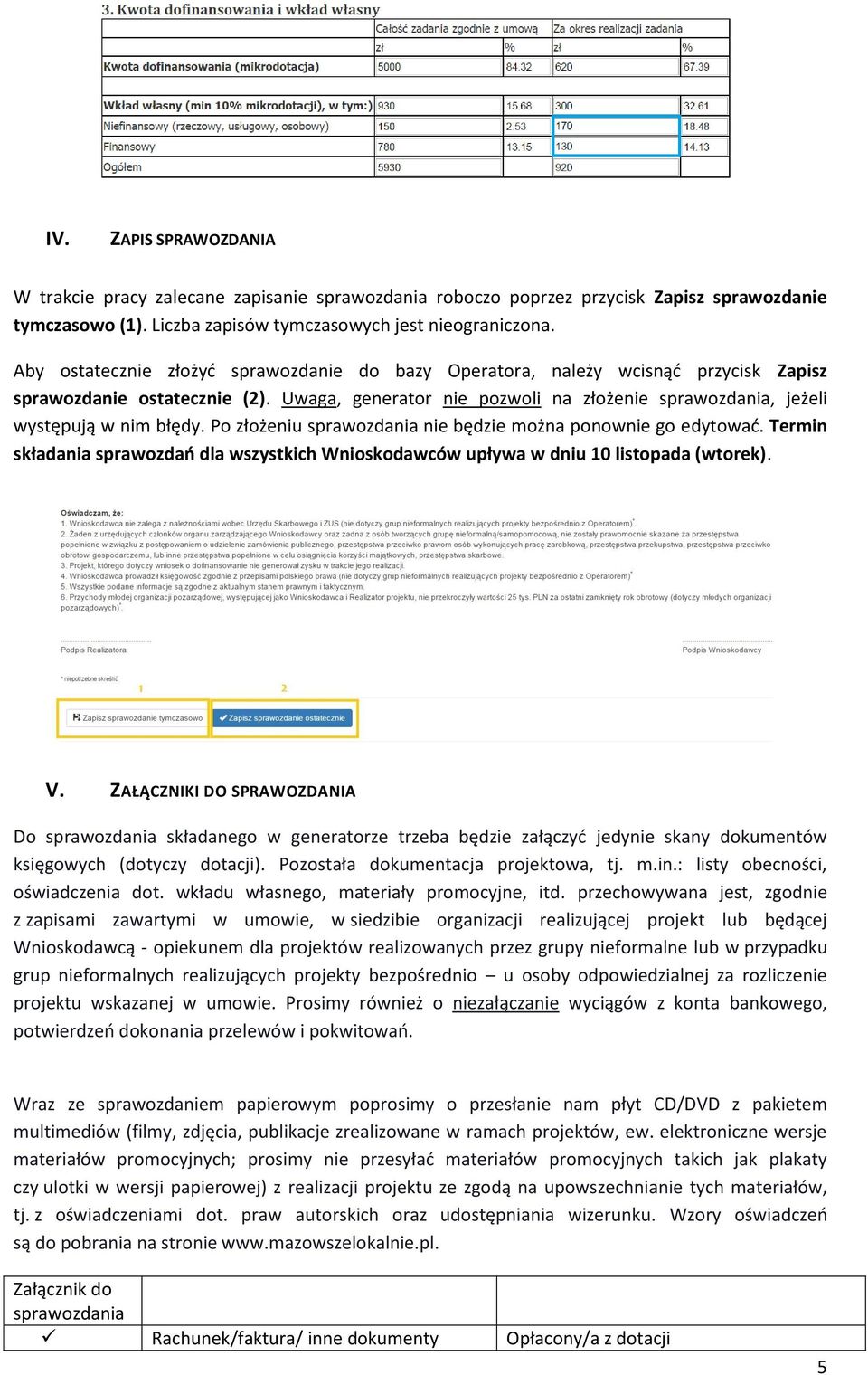 Po złożeniu sprawozdania nie będzie można ponownie go edytować. Termin składania sprawozdań dla wszystkich Wnioskodawców upływa w dniu 10 listopada (wtorek). V.