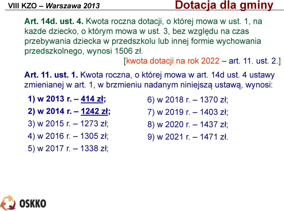 ust. 2.] Art. 11. ust. 1. Kwota roczna, o której mowa w art. 14d ust. 4 ustawy zmienianej w art.