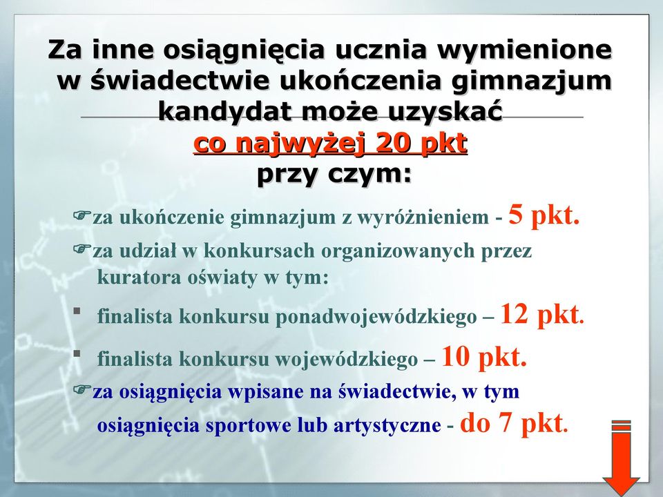 za udział w konkursach organizowanych przez kuratora oświaty w tym: finalista konkursu ponadwojewódzkiego