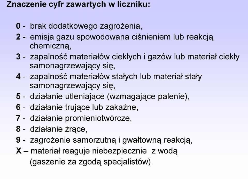 samonagrzewający się, 5 - działanie utleniające (wzmagające palenie), 6 - działanie trujące lub zakaźne, 7 - działanie promieniotwórcze,