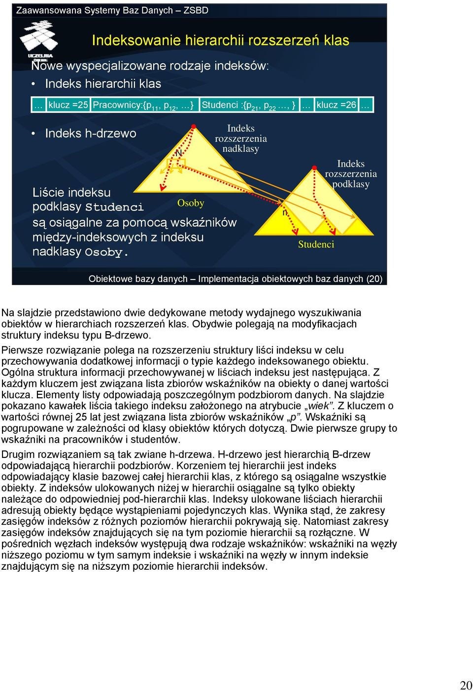 N Indeks rozszerzenia nadklasy n Studenci Indeks rozszerzenia podklasy Obiektowe bazy danych Implementacja obiektowych baz danych (20) Na slajdzie przedstawiono dwie dedykowane metody wydajnego