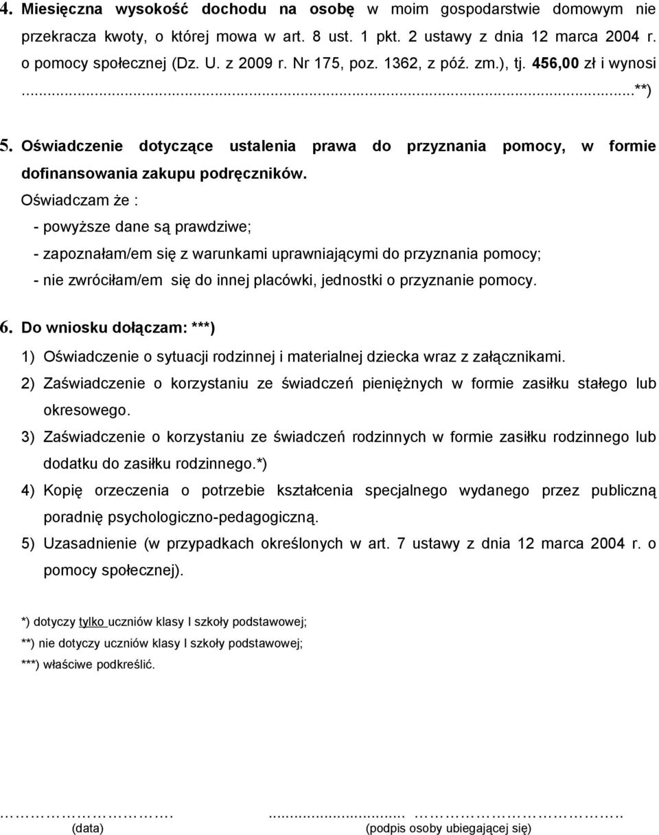 Oświadczam że : - powyższe dane są prawdziwe; - zapoznałam/em się z warunkami uprawniającymi do przyznania pomocy; - nie zwróciłam/em się do innej placówki jednostki o przyznanie pomocy. 6.