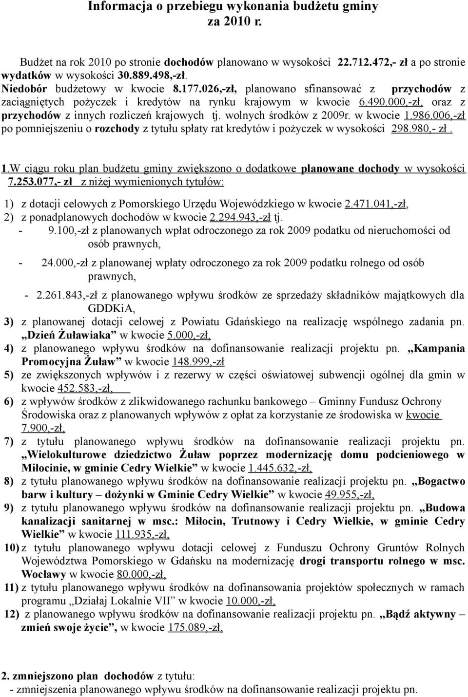 000,-zł, oraz z przychodów z innych rozliczeń krajowych tj. wolnych środków z 2009r. w kwocie 1.986.006,-zł po pomniejszeniu o rozchody z tytułu spłaty rat kredytów i pożyczek w wysokości 298.