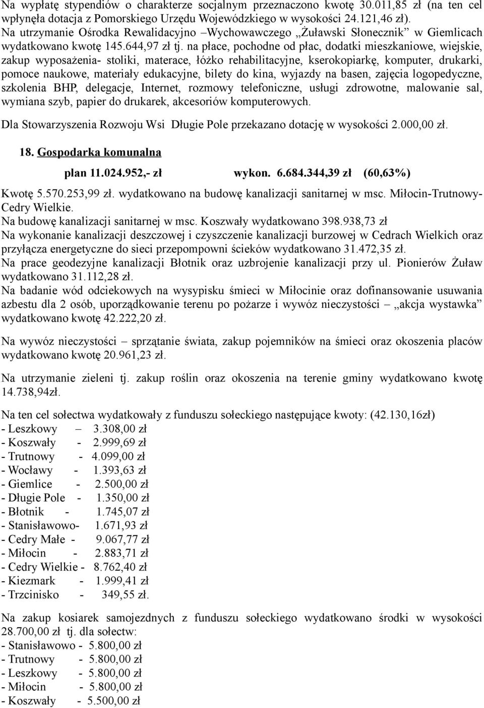 na płace, pochodne od płac, dodatki mieszkaniowe, wiejskie, zakup wyposażenia- stoliki, materace, łóżko rehabilitacyjne, kserokopiarkę, komputer, drukarki, pomoce naukowe, materiały edukacyjne,