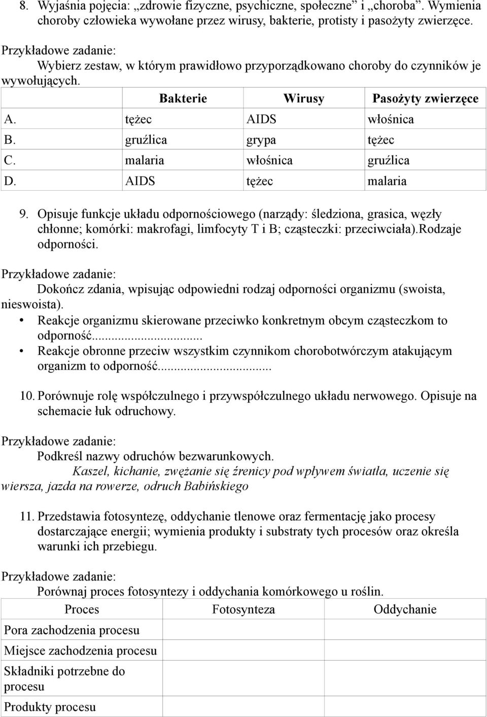 malaria włośnica gruźlica D. AIDS tężec malaria 9. Opisuje funkcje układu odpornościowego (narządy: śledziona, grasica, węzły chłonne; komórki: makrofagi, limfocyty T i B; cząsteczki: przeciwciała).