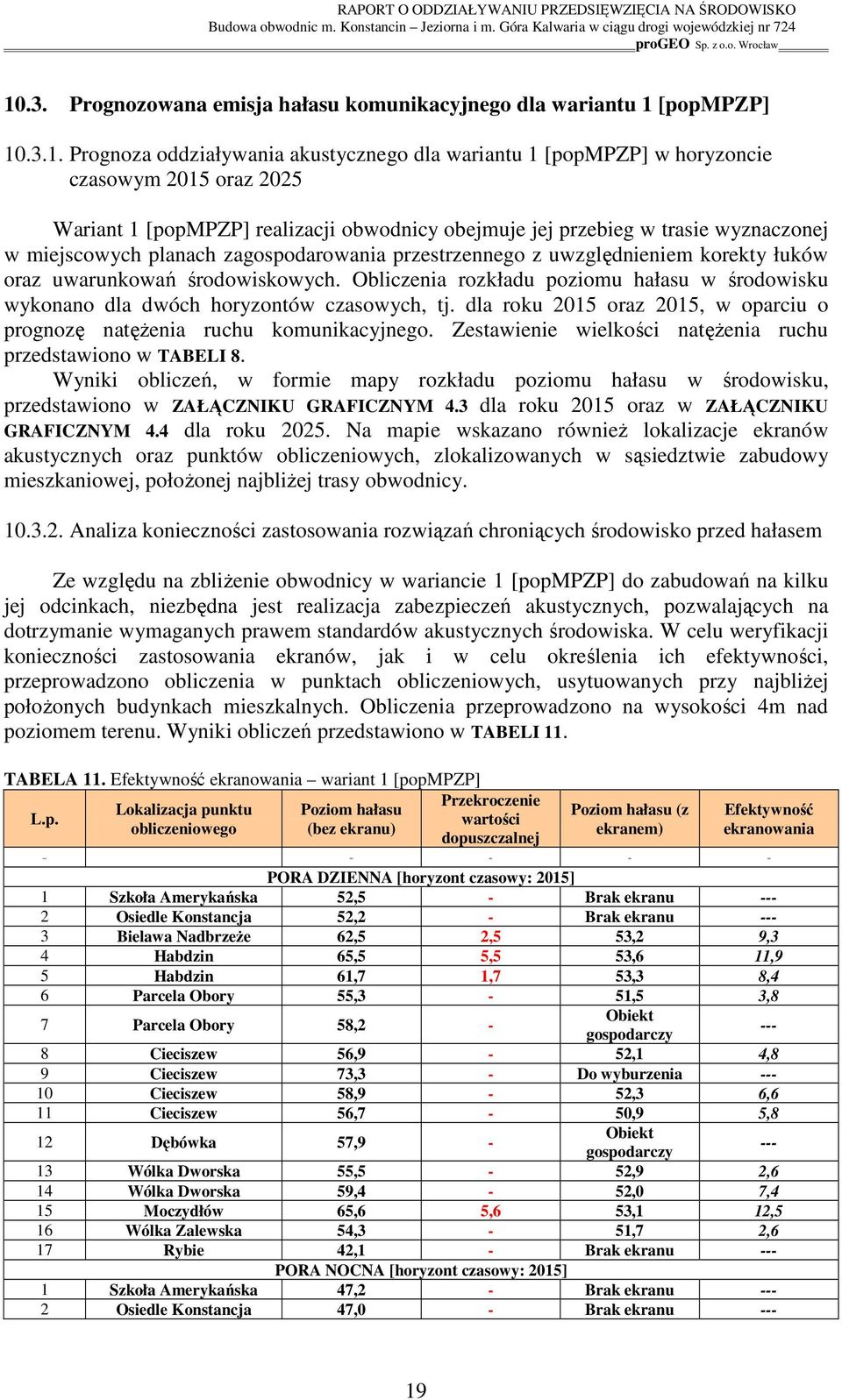 Obliczenia rozkładu poziomu hałasu w środowisku wykonano dla dwóch horyzontów czasowych, tj. dla roku 2015 oraz 2015, w oparciu o prognozę natęŝenia ruchu komunikacyjnego.