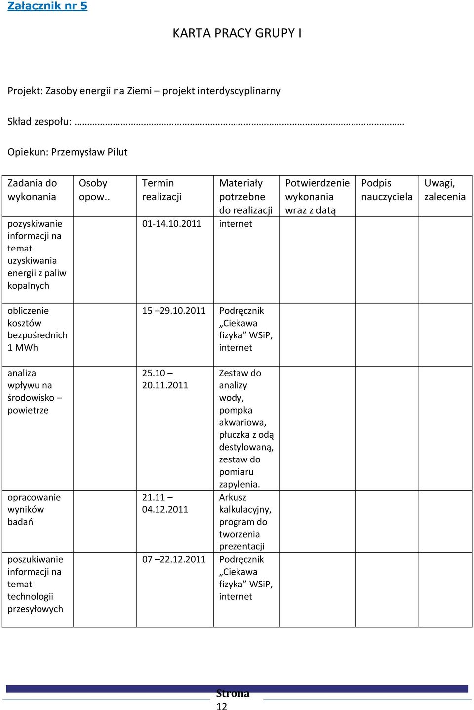 2011 internet Potwierdzenie wykonania wraz z datą Podpis nauczyciela Uwagi, zalecenia obliczenie kosztów bezpośrednich 1 MWh 15 29.10.