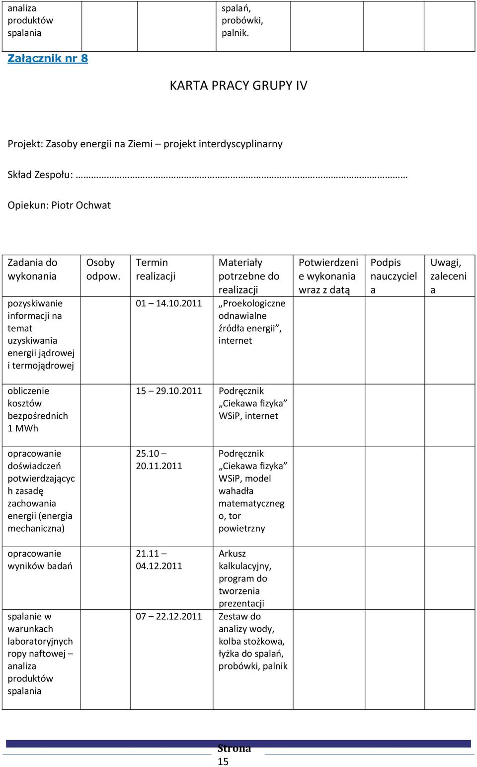 energii jądrowej i termojądrowej Osoby odpow. Termin realizacji Materiały potrzebne do realizacji 01 14.10.