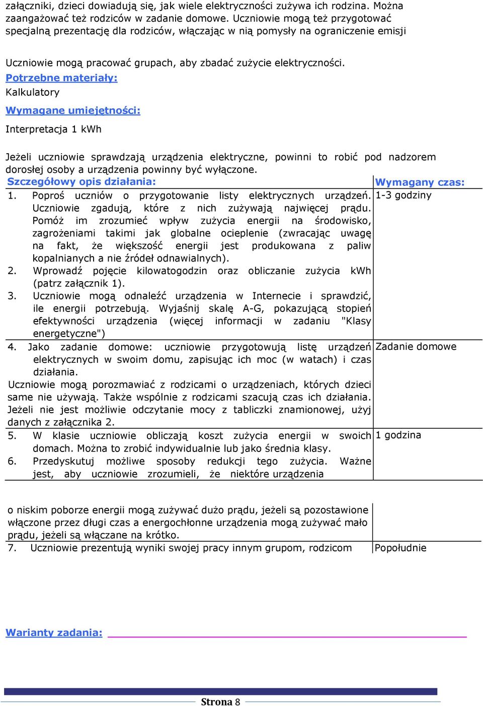 Potrzebne materiały: Kalkulatory Wymagane umiejętności: Interpretacja 1 kwh Jeżeli uczniowie sprawdzają urządzenia elektryczne, powinni to robić pod nadzorem dorosłej osoby a urządzenia powinny być