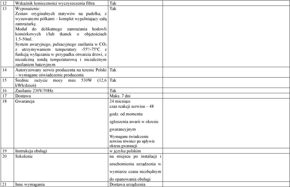 System awaryjnego, pulsacyjnego zasilania w CO 2 z utrzymywaniem temperatury -55 o /-75 o C z funkcją wyłączania w przypadku otwarcia drzwi, z niezależną sondą temperaturową i niezależnym zasilaniem