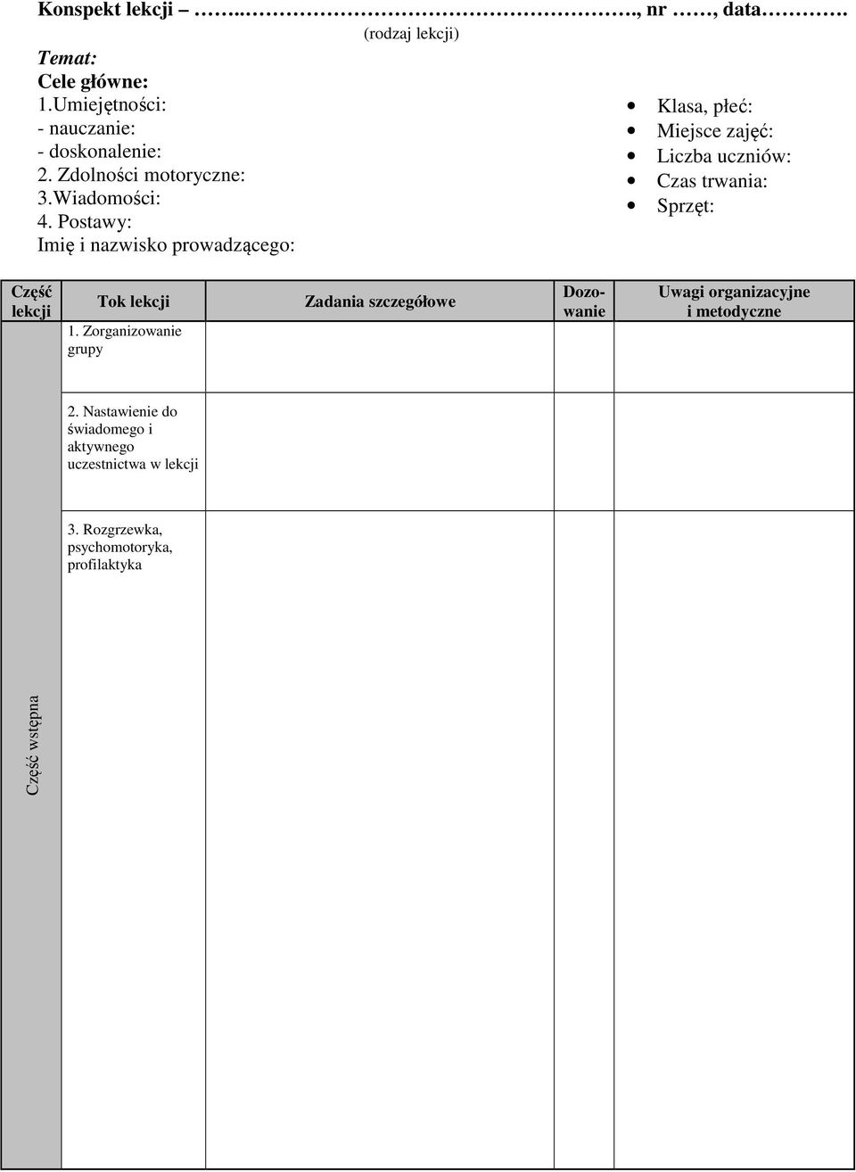 Postawy: Imię i nazwisko prowadzącego: Klasa, płeć: Miejsce zajęć: Liczba uczniów: Czas trwania: Sprzęt: Część lekcji Tok