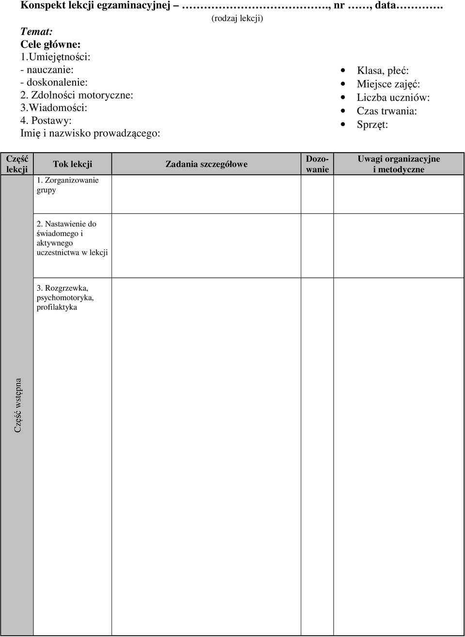 Postawy: Imię i nazwisko prowadzącego: Klasa, płeć: Miejsce zajęć: Liczba uczniów: Czas trwania: Sprzęt: Część lekcji Tok