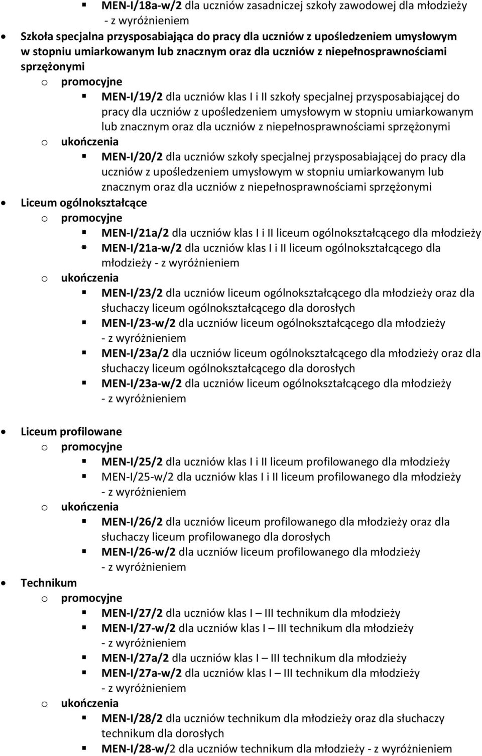 oraz dla uczniów z niepełnosprawnościami sprzężonymi MEN-I/20/2 dla uczniów szkoły specjalnej przysposabiającej do pracy dla uczniów z upośledzeniem umysłowym w stopniu umiarkowanym lub znacznym oraz