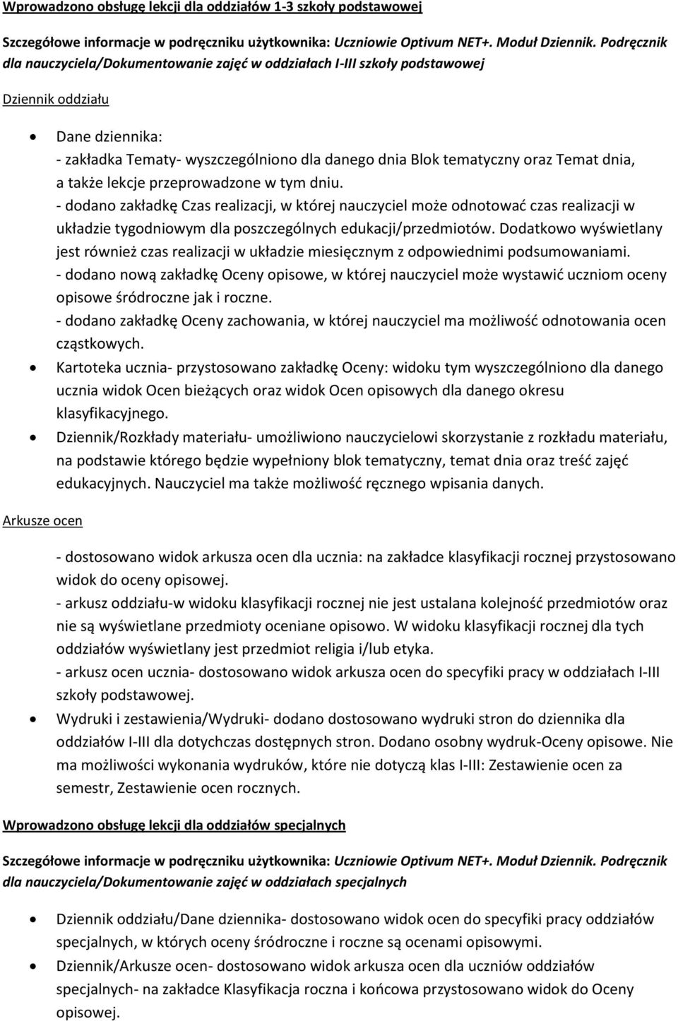 dnia, a także lekcje przeprowadzone w tym dniu. - dodano zakładkę Czas realizacji, w której nauczyciel może odnotować czas realizacji w układzie tygodniowym dla poszczególnych edukacji/przedmiotów.