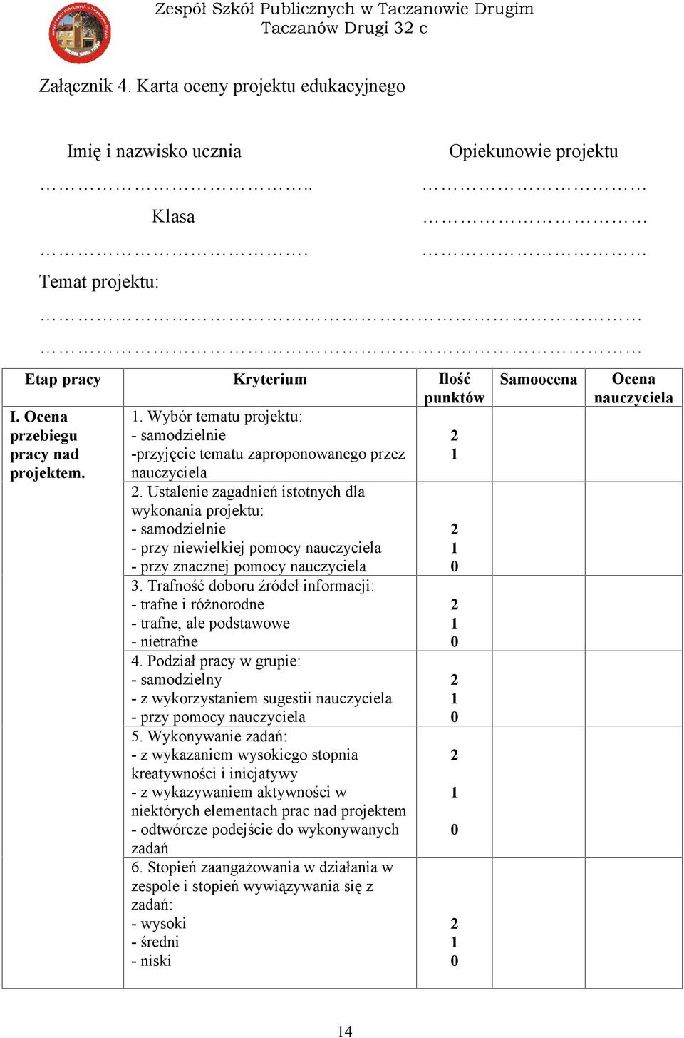 Ustalenie zagadnień istotnych dla wykonania projektu: - samodzielnie - przy niewielkiej pomocy nauczyciela - przy znacznej pomocy nauczyciela 3.