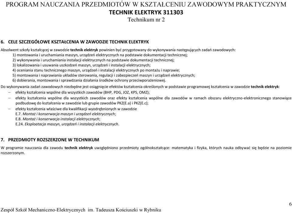 uruchamiania maszyn, urządzeń elektrycznych na podstawie dokumentacji technicznej; 2) wykonywania i uruchamiania instalacji elektrycznych na podstawie dokumentacji technicznej; 3) lokalizowania i