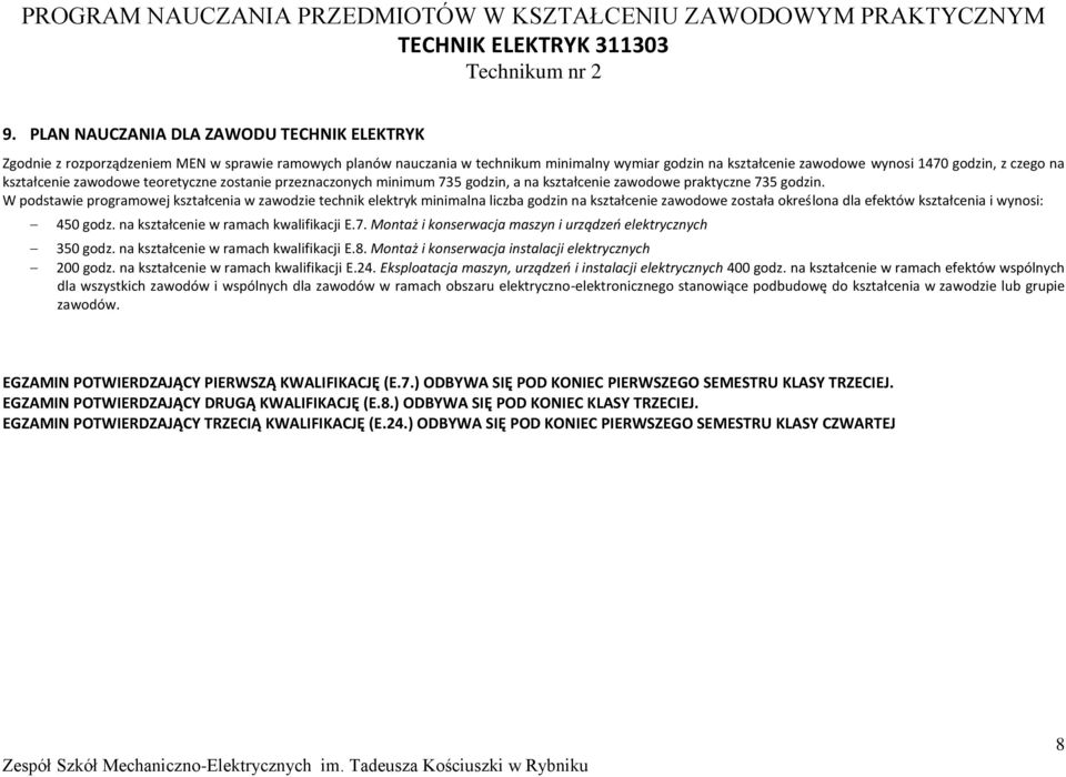 kształcenie zawodowe teoretyczne zostanie przeznaczonych minimum 735 godzin, a na kształcenie zawodowe praktyczne 735 godzin.