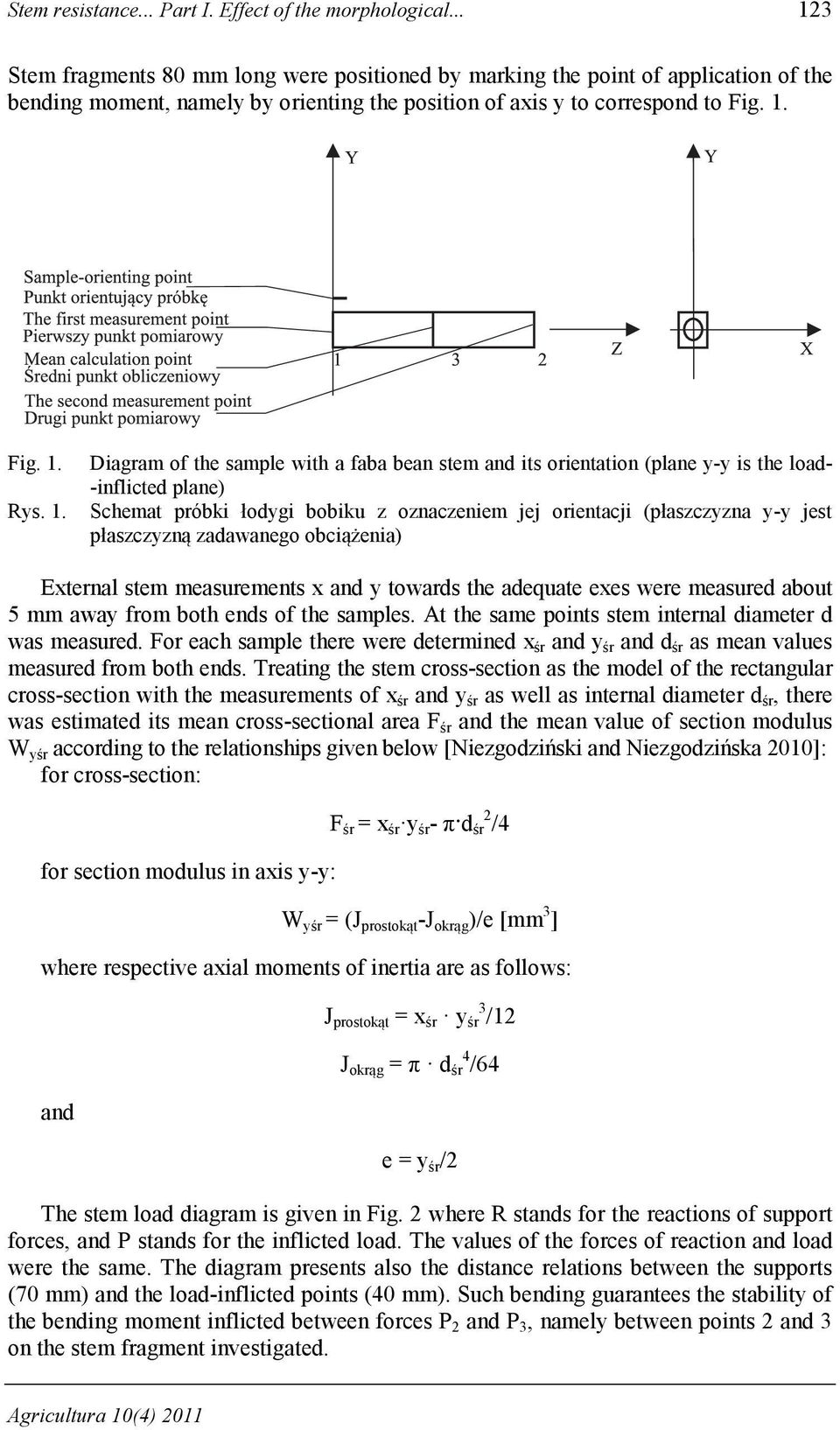 of the sample with a faba bean stem and its orientation (plane y-y is the load- -inflicted plane) Schemat próbki łodygi bobiku z oznaczeniem jej orientacji (płaszczyzna y-y jest płaszczyzną