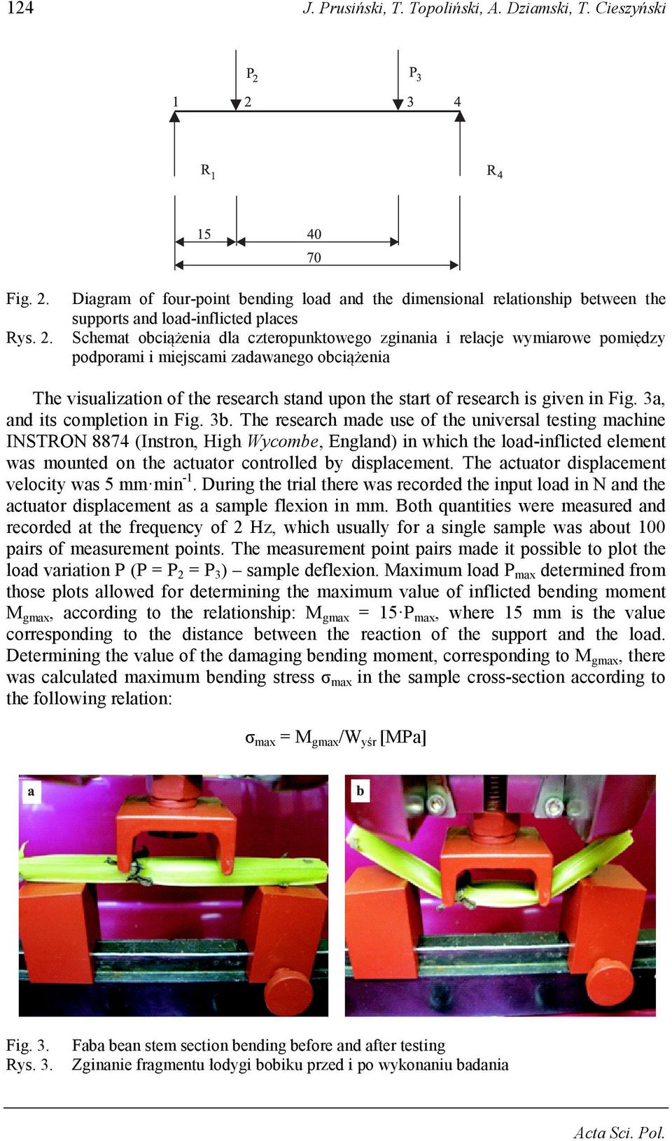 Diagram of four-point bending load and the dimensional relationship between the supports and load-inflicted places Schemat obciążenia dla czteropunktowego zginania i relacje wymiarowe pomiędzy