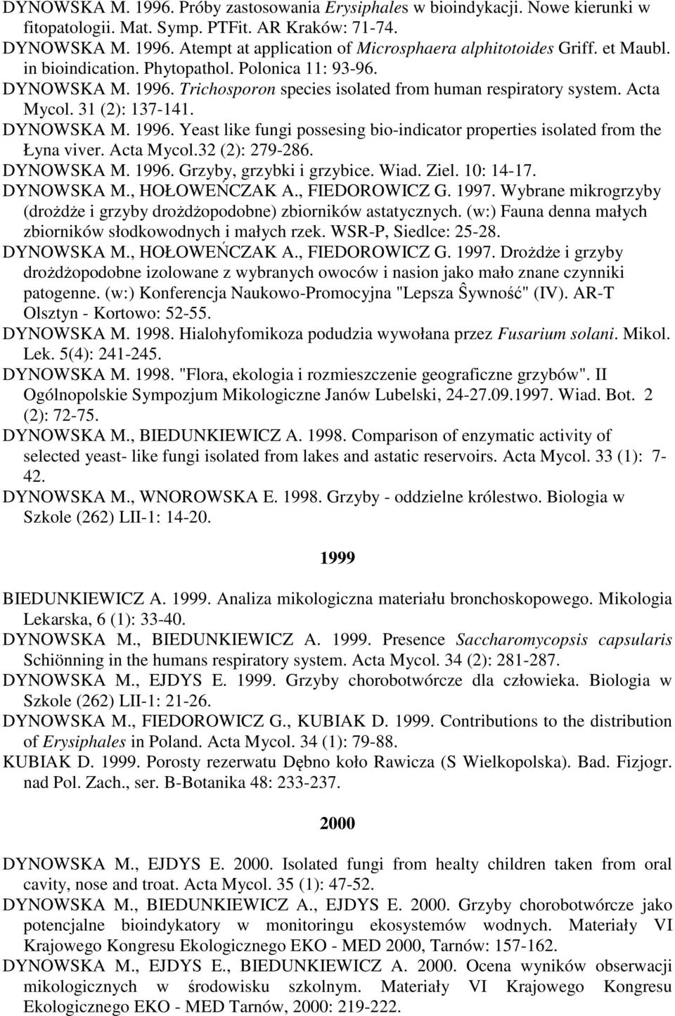 Acta Mycol.32 (2): 279-286. DYNOWSKA M. 1996. Grzyby, grzybki i grzybice. Wiad. Ziel. 10: 14-17. DYNOWSKA M., HOŁOWEŃCZAK A., FIEDOROWICZ G. 1997.