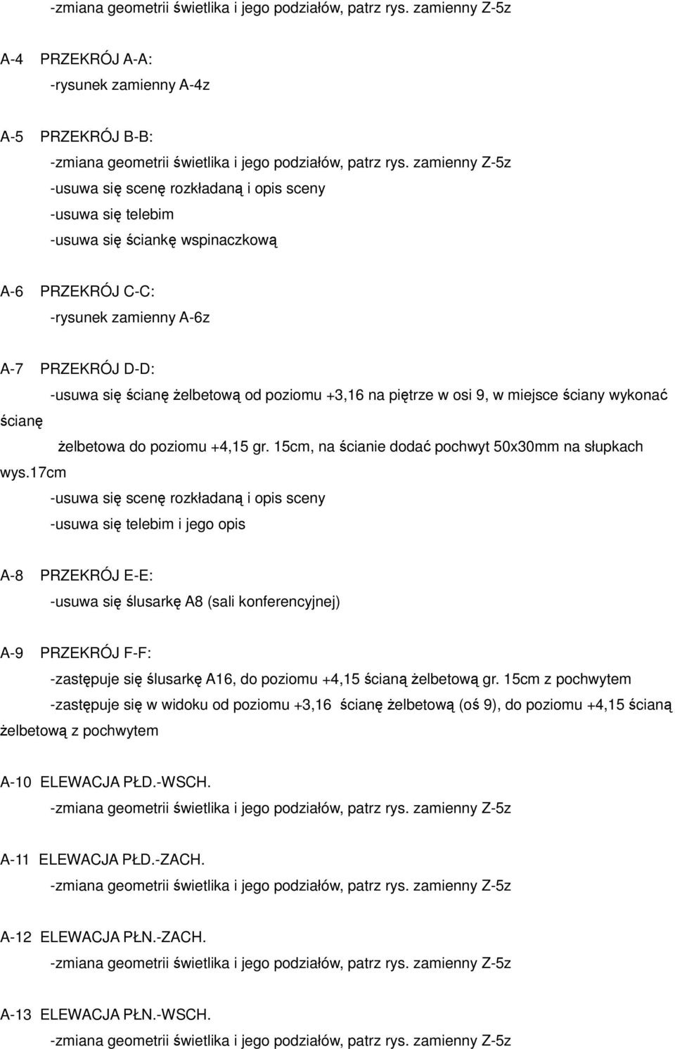 17cm -usuwa się scenę rozkładaną i opis sceny -usuwa się telebim i jego opis A-8 PRZEKRÓJ E-E: -usuwa się ślusarkę A8 (sali konferencyjnej) A-9 PRZEKRÓJ F-F: -zastępuje się ślusarkę A16, do poziomu