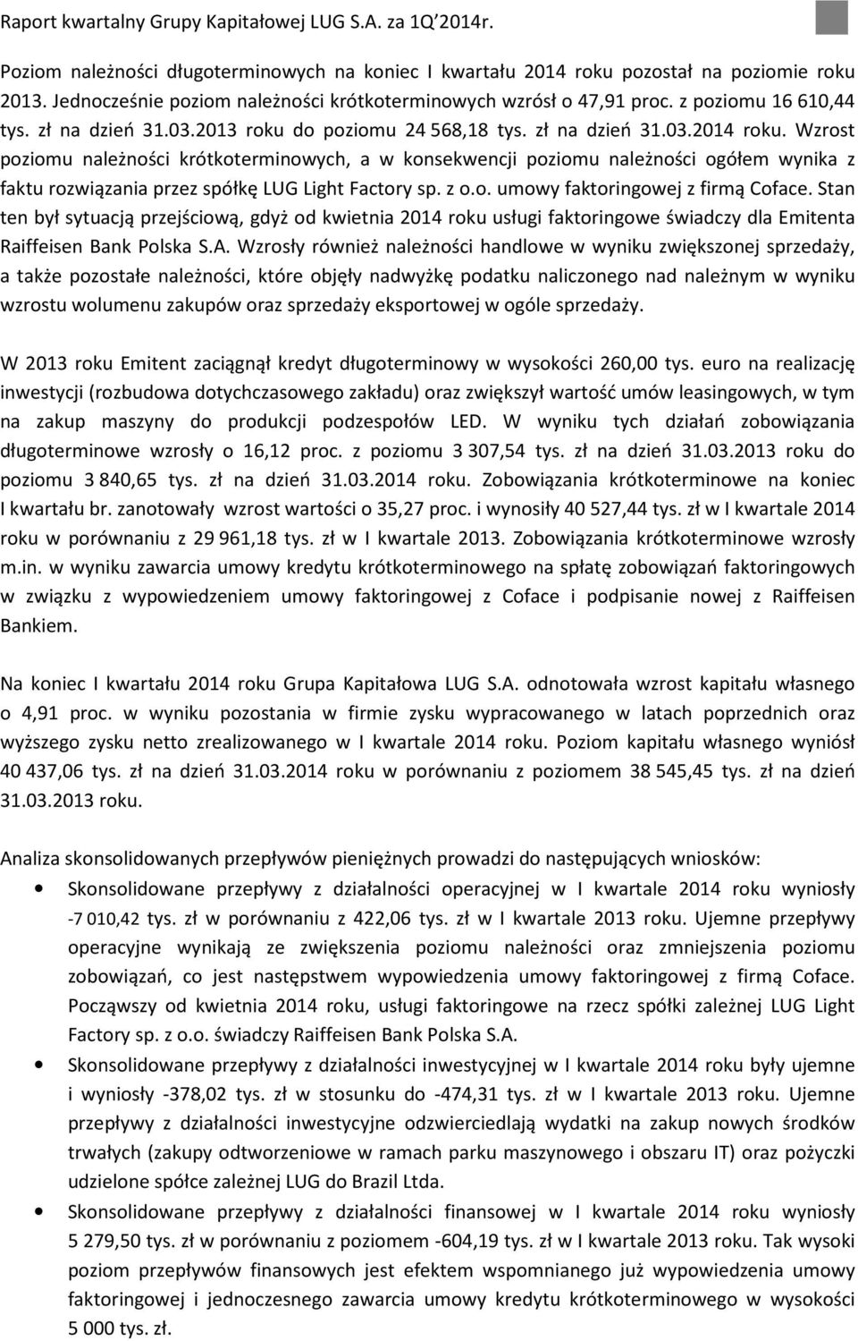 Wzrost poziomu należności krótkoterminowych, a w konsekwencji poziomu należności ogółem wynika z faktu rozwiązania przez spółkę LUG Light Factory sp. z o.o. umowy faktoringowej z firmą Coface.