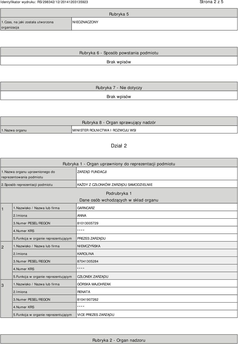 Sposób reprezentacji podmiotu ZARZĄD FUNDACJI KAŻDY Z CZŁONKÓW ZARZĄDU SAMODZIELNIE 1 1.Nazwisko / Nazwa lub firma GARNCARZ Podrubryka 1 Dane osób wchodzących w skład organu ANNA 3.