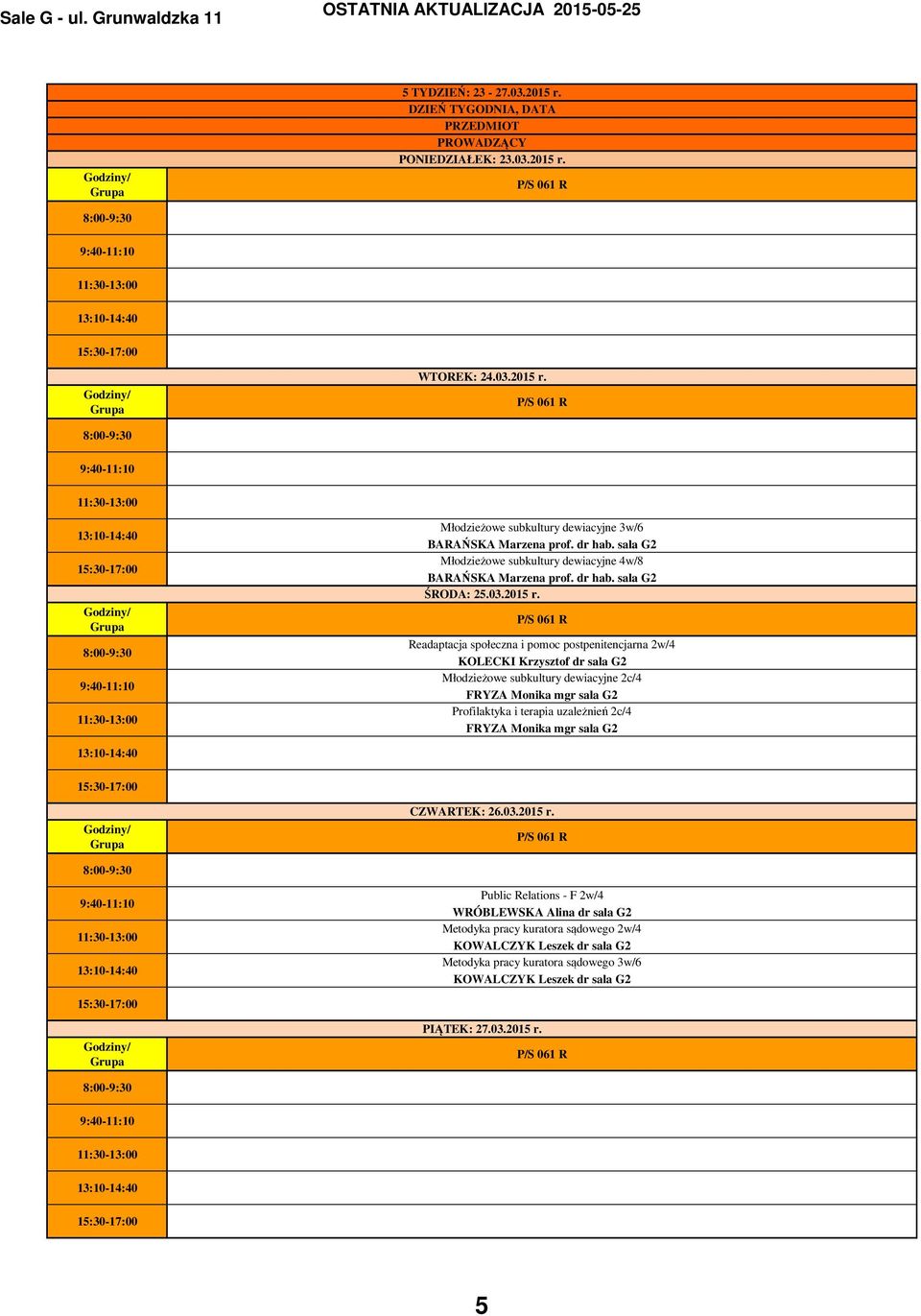 Readaptacja społeczna i pomoc postpenitencjarna 2w/4 KOLECKI Krzysztof dr sala G2 Młodzieżowe subkultury dewiacyjne 2c/4 FRYZA Monika mgr sala G2 Profilaktyka i terapia