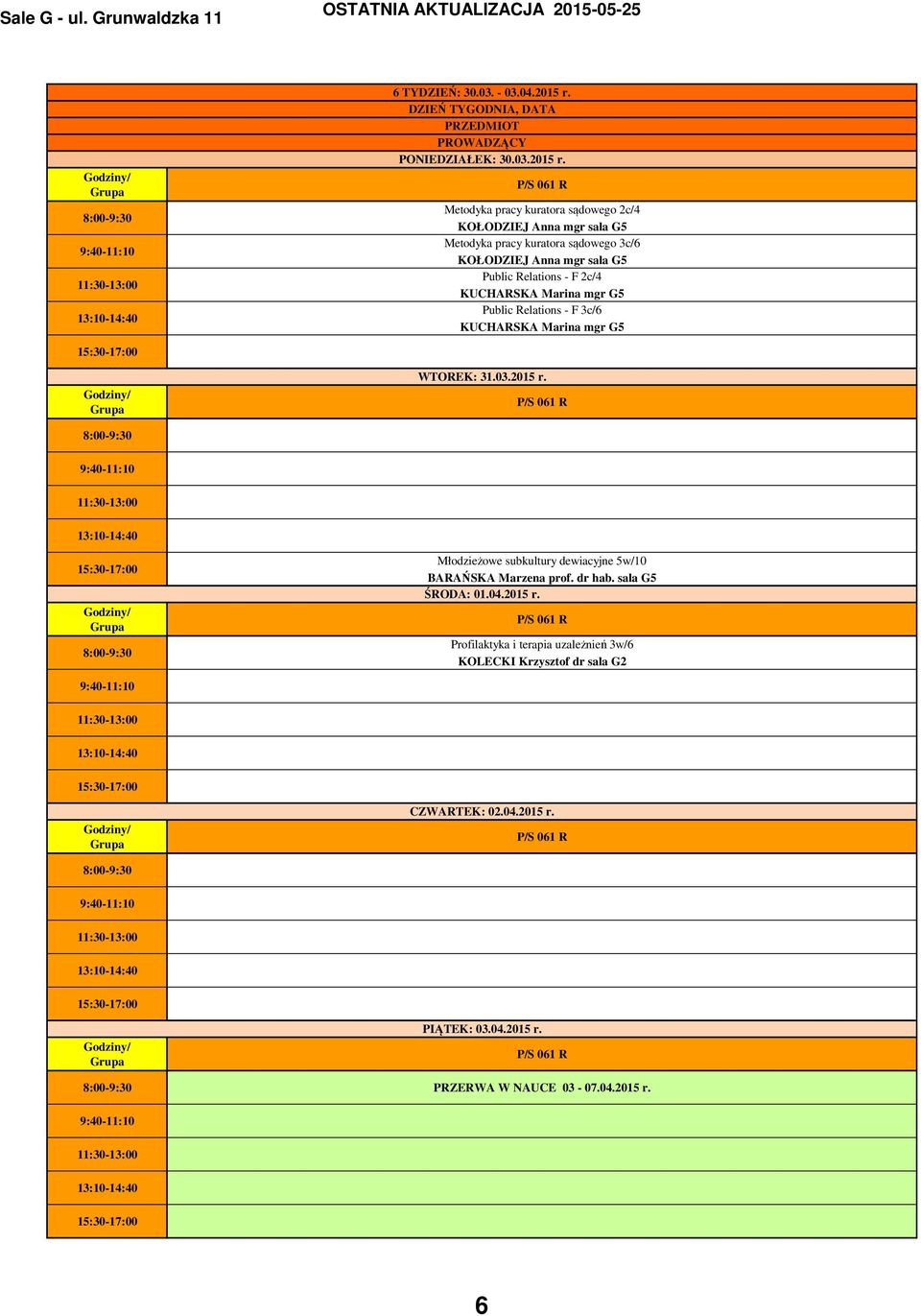 Metodyka pracy kuratora sądowego 2c/4 KOŁODZIEJ Anna mgr sala G5 Metodyka pracy kuratora sądowego 3c/6 KOŁODZIEJ Anna mgr sala G5 Public