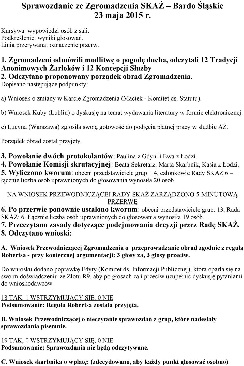 Dopisano następujące podpunkty: a) Wniosek o zmiany w Karcie Zgromadzenia (Maciek - Komitet ds. Statutu). b) Wniosek Kuby (Lublin) o dyskusję na temat wydawania literatury w formie elektronicznej.