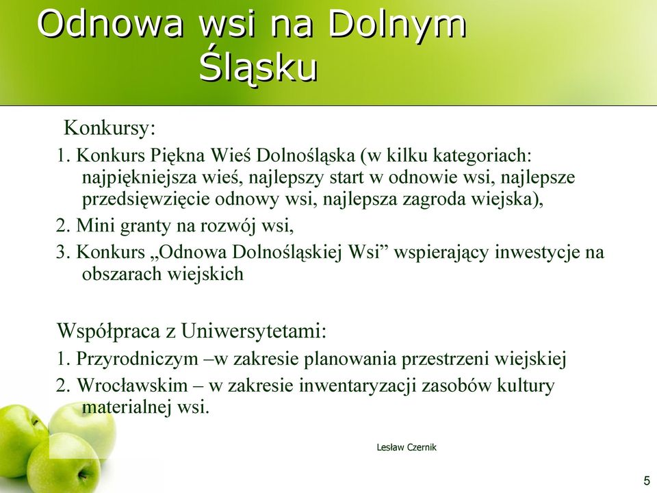 przedsięwzięcie odnowy wsi, najlepsza zagroda wiejska), 2. Mini granty na rozwój wsi, 3.