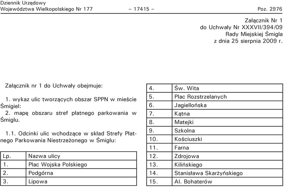 Załącznik nr 1 do Uchwały obejmuje: 1. wykaz ulic tworzących obszar SPPN w mieście Śmigiel: 2. mapę obszaru stref płatnego parkowania w Śmiglu. 1.1. Odcinki ulic wchodzące w skład Strefy Płatnego Parkowania Niestrzeżonego w Śmiglu: Lp.