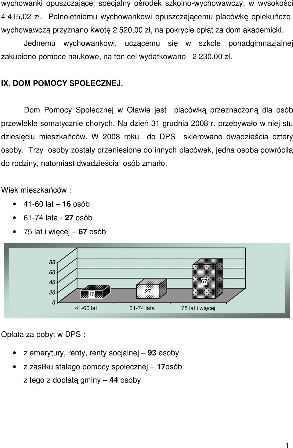 Jednemu wychowankowi, uczącemu się w szkole ponadgimnazjalnej zakupiono pomoce naukowe, na ten cel wydatkowano 2 23, zł. IX. DOM POMOCY SPOŁECZNEJ.