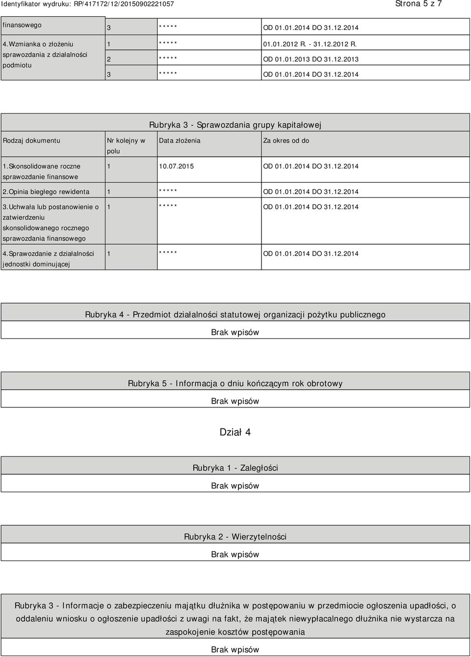 Opinia biegłego rewidenta 1 ***** OD 01.01.2014 DO 31.12.2014 3.Uchwała lub postanowienie o zatwierdzeniu skonsolidowanego rocznego sprawozdania finansowego 4.