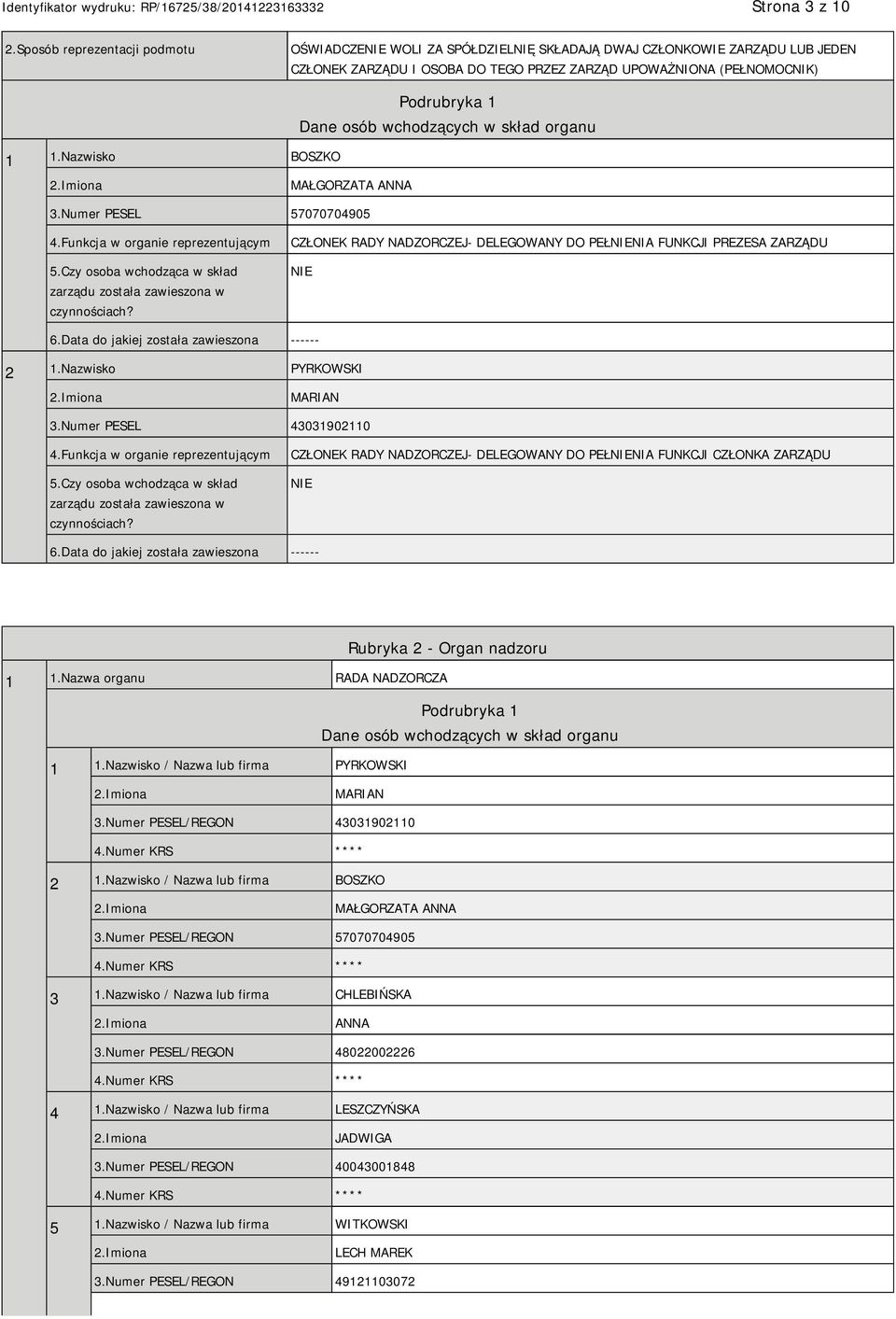 Czy osoba wchodząca w skład zarządu została zawieszona w czynnościach? CZŁONEK RADY NADZORCZEJ- DELEGOWANY DO PEŁNIENIA FUNKCJI PREZESA ZARZĄDU NIE 6.Data do jakiej została zawieszona ------ 2 1.