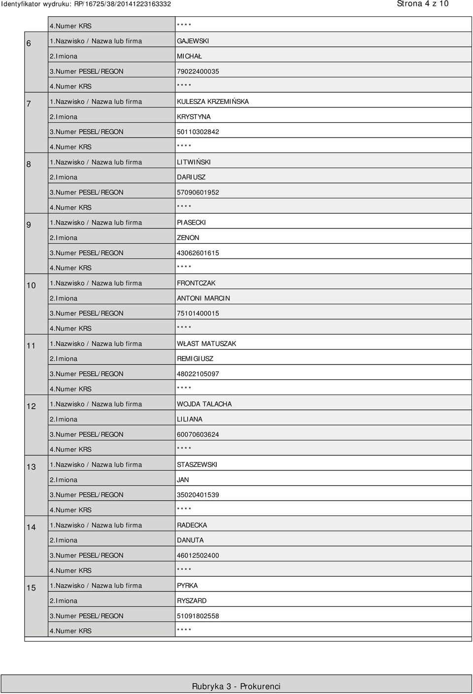 Nazwisko / Nazwa lub firma FRONTCZAK ANTONI MARCIN 3.Numer PESEL/REGON 75101400015 11 1.Nazwisko / Nazwa lub firma WŁAST MATUSZAK REMIGIUSZ 3.Numer PESEL/REGON 48022105097 12 1.