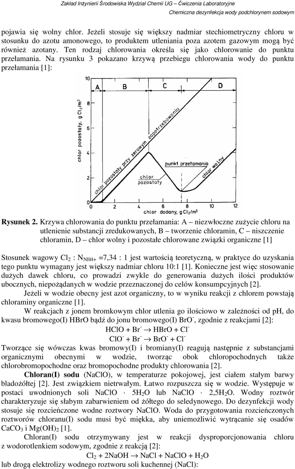 Krzywa chlorowania do punktu przełamania: A niezwłoczne zużycie chloru na utlenienie substancji zredukowanych, B tworzenie chloramin, C niszczenie chloramin, D chlor wolny i pozostałe chlorowane