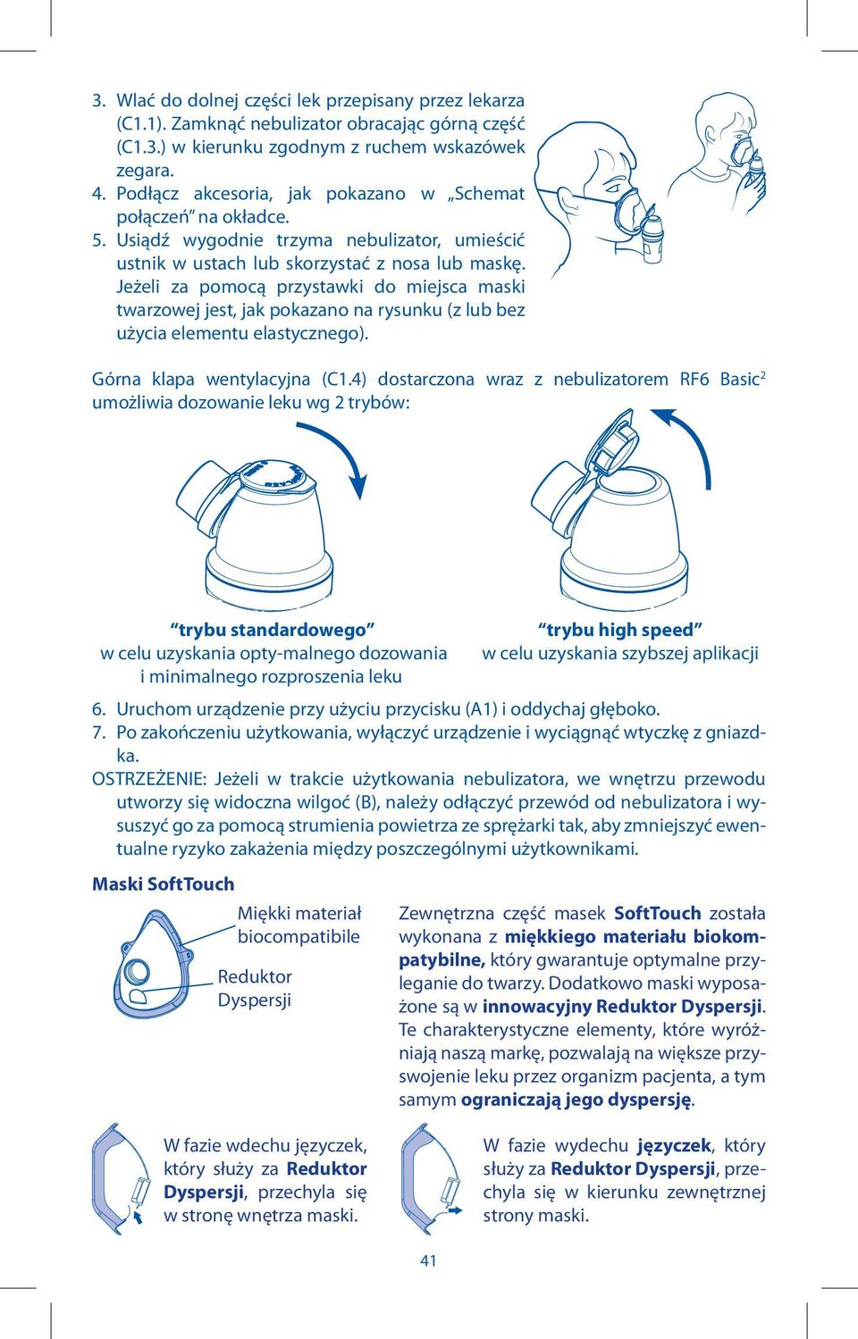 Jeżeli za pomocą przystawki do miejsca maski twarzowej jest, jak pokazano na rysunku (z lub bez użycia elementu elastycznego). Górna klapa wentylacyjna (C1.