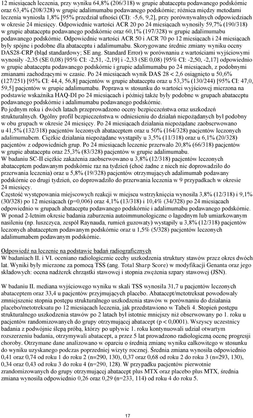 Odpowiednie wartości ACR 20 po 24 miesiącach wynosiły 59,7% (190/318) w grupie abataceptu podawanego podskórnie oraz 60,1% (197/328) w grupie adalimumabu podawanego podskórnie.