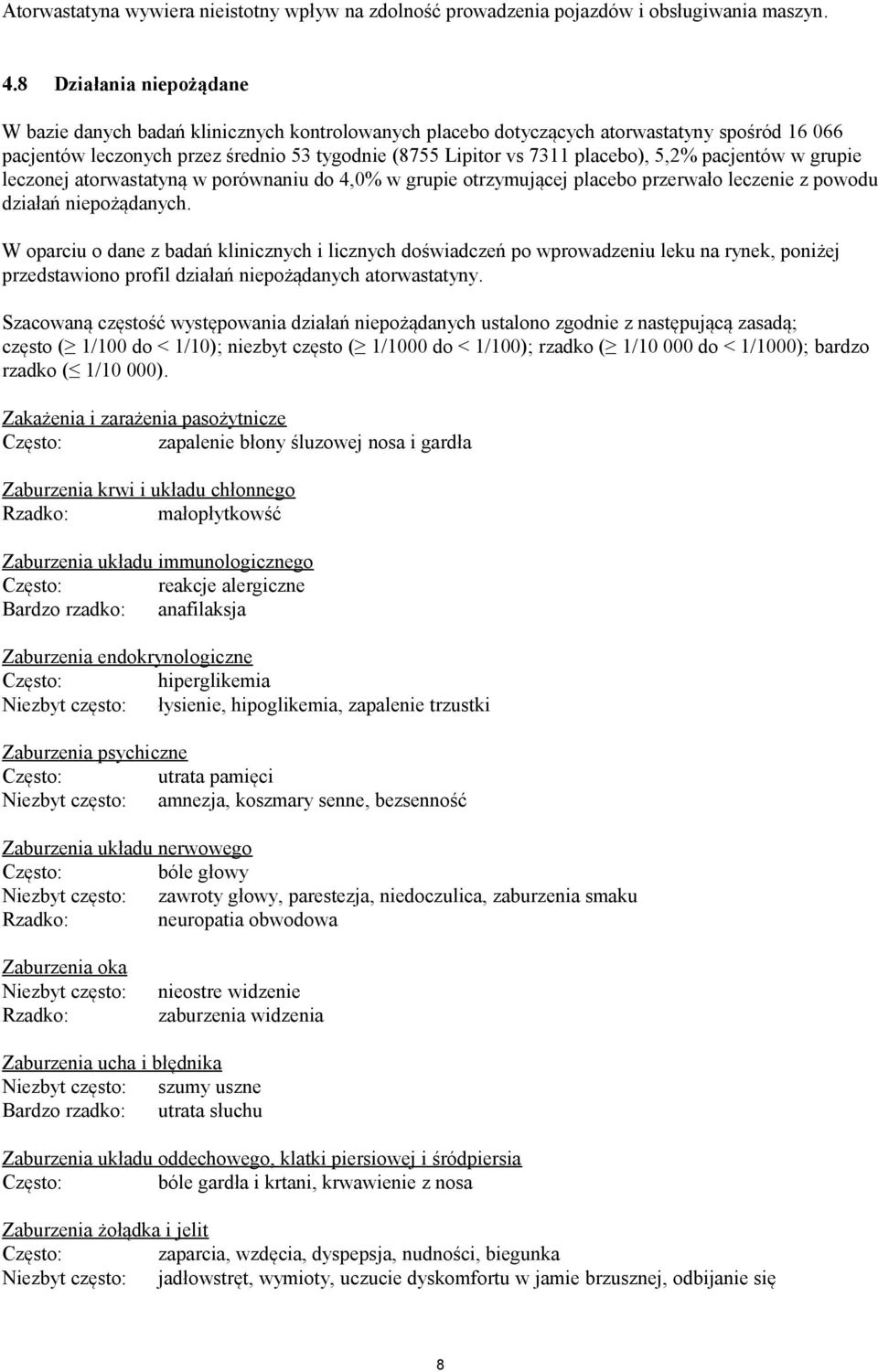 5,2% pacjentów w grupie leczonej atorwastatyną w porównaniu do 4,0% w grupie otrzymującej placebo przerwało leczenie z powodu działań niepożądanych.